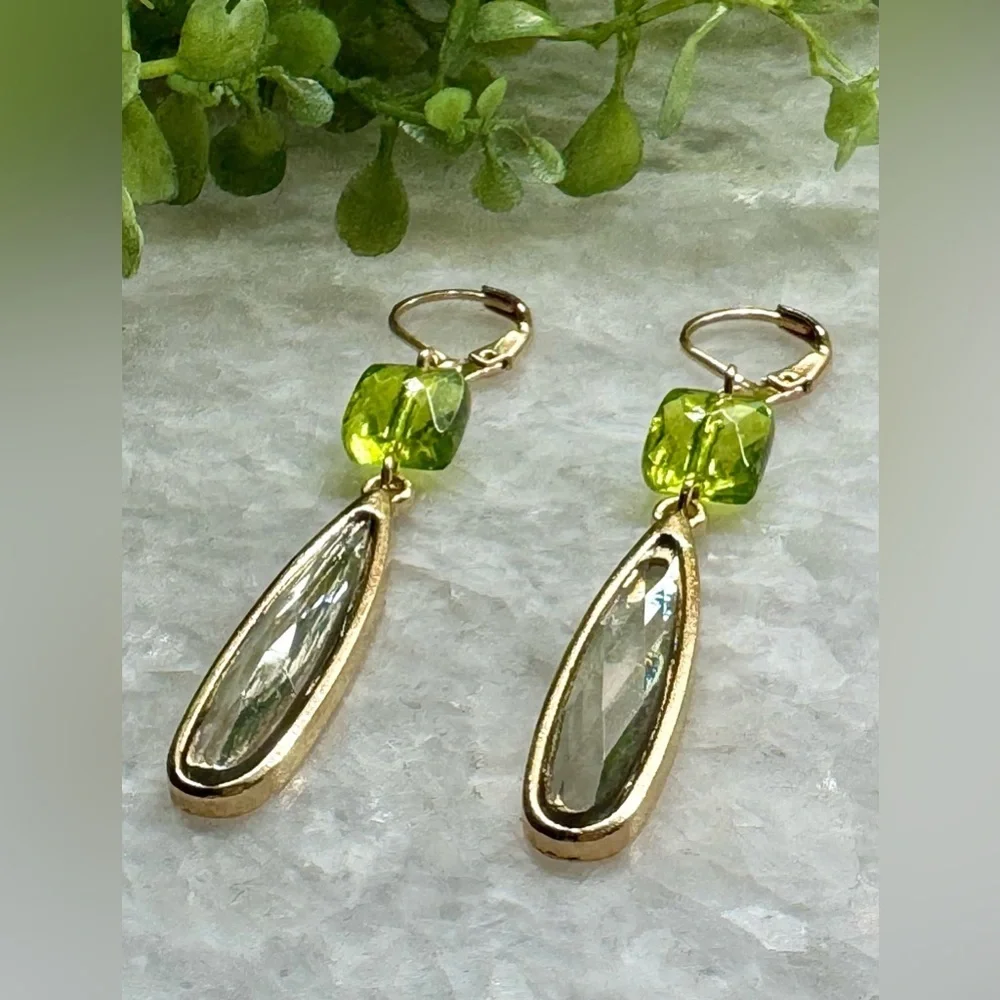 New Green Faceted Crystal Teardrop & Gold Tone Dangle Earrings - 2.50”